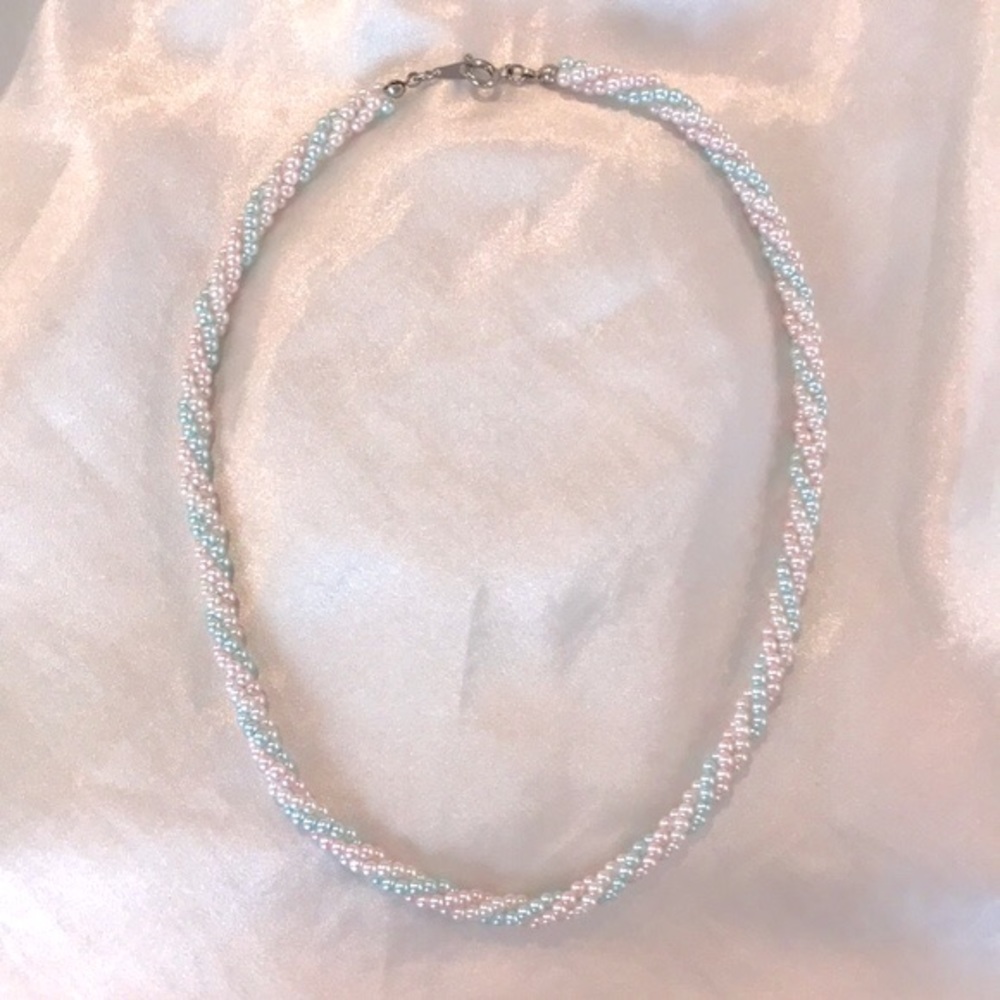 Beautiful Baby Blue | Pink & White Intwined Pearl Bead Necklace